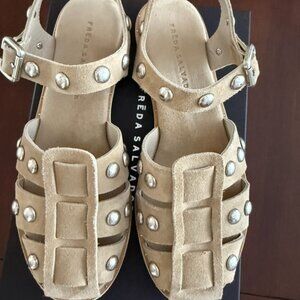 Freda Salvador Sera Fisherman Sandals, Stucco Suede with Silver Studs